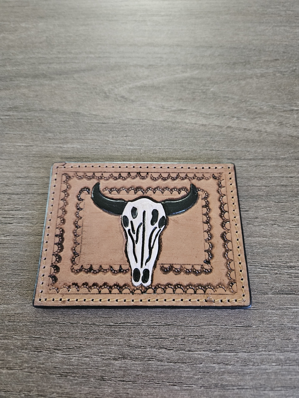Handcrafted Tan Leather Card Holder with Bull Skull Accent